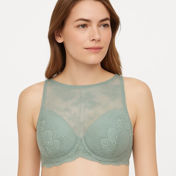 Victorias Secret Dream Angels Bra Lined Demi Green Lace High Neck 32DDD NEW - Picture 6 of 10